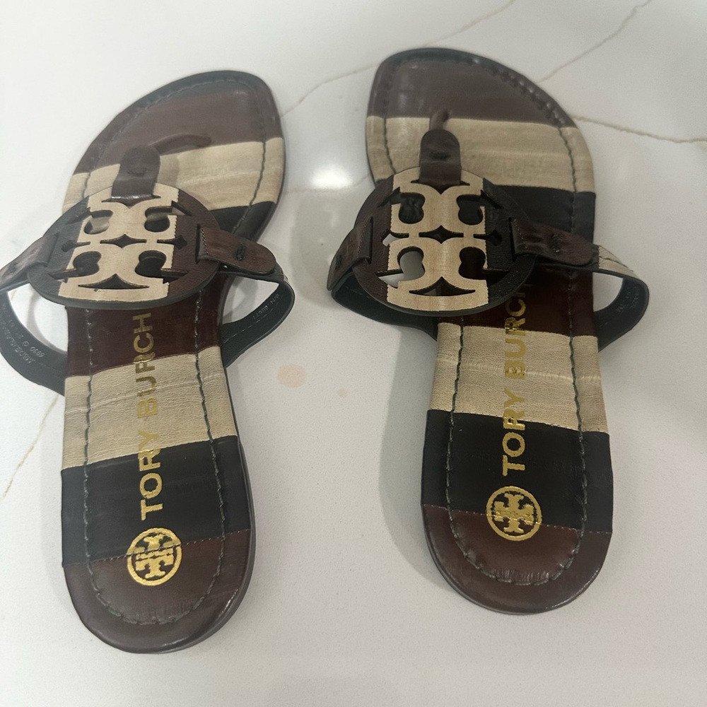 Tory Burch Brown and Tan Slide Sandals